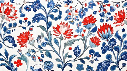 Wall Mural - Classic Iznik ceramic pattern with repeating lotus flowers and vines, colorful, detailed, cultural art, High quality, sharp images, graphic, illustration