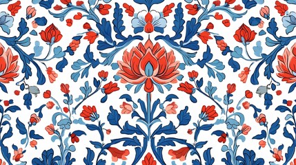 Wall Mural - Classic Iznik ceramic pattern with repeating lotus flowers and vines, colorful, detailed, cultural art, High quality, sharp images, graphic, illustration