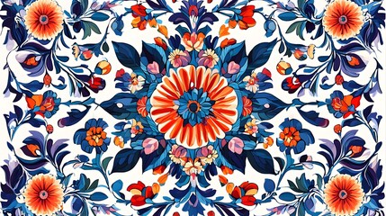 Wall Mural - Intricate geometric and floral design with Iznik-style details, colorful, traditional, artistic, High quality, sharp images, graphic, illustration