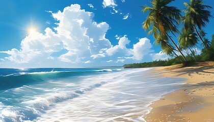 Wall Mural - A sunny sandy beach, with waves tapping on the shore, coconut trees swaying, and a blue sky and white clouds in the background, giving people a comfortable vacation feeling.