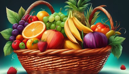 Produce a digital illustration of a vibrant fruit basket overflowing with ripe, colorful produce, showcasing a sense of healthy abundance