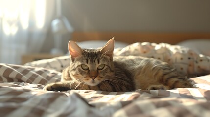 Canvas Print - A cat lounging on a bed with soft bedding in a sunlit room.