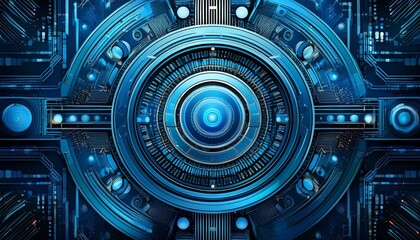 visual experience that merges the complexities of engineering and design featuring a mesmerizing blue computer circuit background adorned with elements of circular abstraction and mechanical realism