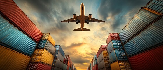 Low-angle airplane flying over rainbow-colored shipping containers, industrial textures, clouds