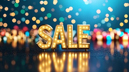 Bright and colorful sale sign with sparkling lights, perfect for marketing promotions and festive shopping events.