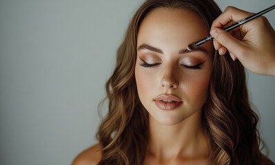 Poster - A woman with long, wavy brown hair getting her eye shadow done by an artist holding the brush in front of grey background, beauty salon concept