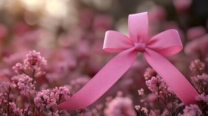 Sticker - Pink Ribbon Bow on a Field of Flowers