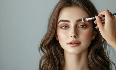 Poster - A woman with long, wavy brown hair getting her eye shadow done by an artist holding the brush in front of grey background, beauty salon concept