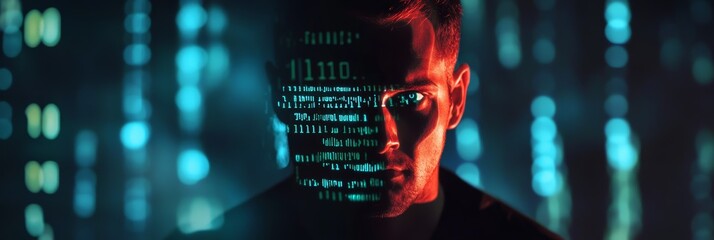 Man with binary code on face in a digital backdrop. Hacker and coding concept showcasing online security risks.