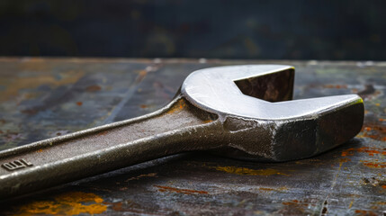 Worn wrench on rusty surface. closeup of a metal wrench with visible wear and tear, resting on a rusty, textured surface. the image captures the raw beauty of well-used tools and the passage of time.