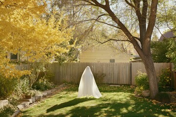 ghostly figure in white sheet standing in suburban autumn garden, long shadows eerie contrast