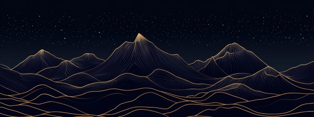 hand-drawn vector line art of mountains, with gold lines on a dark blue background, in a simple and 