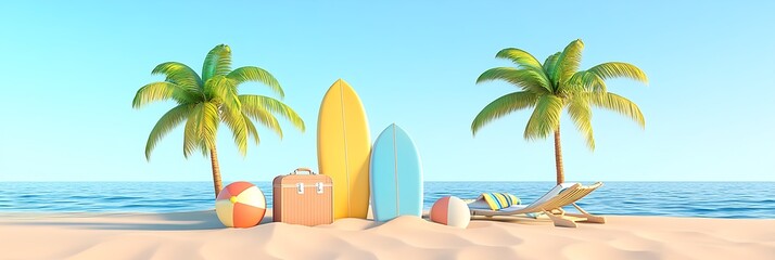 Wall Mural - Romantic tropical beach scene with surfboards, umbrella, suitcase, palm trees, bright sky vacation