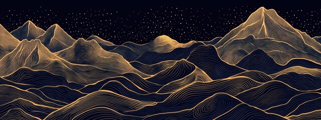 line art background design with mountains in gold and dark blue colors Generative AI