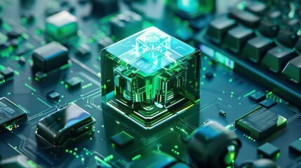 Wall Mural - A glowing green cube sits on a circuit board, representing a technological innovation.