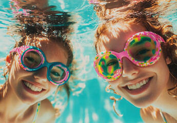 Wall Mural - two women playing in a pool, wearing pink and green swim goggles with colorful polka dots, smiling at the camera