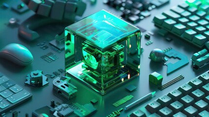Wall Mural - a transparent cube with a glowing interior sits on a surface surrounded by various tech components.
