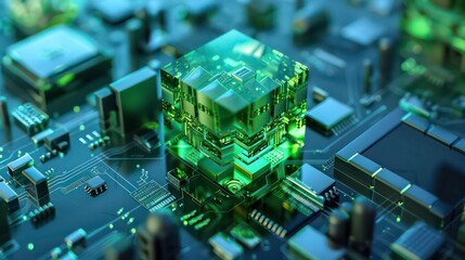 Wall Mural - a futuristic green crystal cube sits on a circuit board, representing innovation and technology.