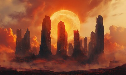 Poster - A fiery orange sun and large, rocky pillars rise above a dark, smoky landscape.