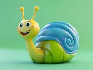 A cheerful cartoon snail with colorful shell and large expressive eyes on a vibrant green background.