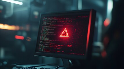 A computer screen with a red warning triangle and code in the background.