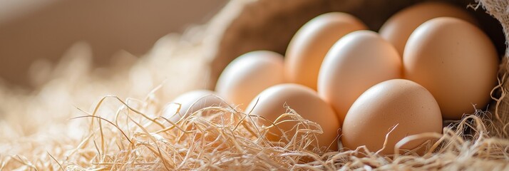 A close-up of several brown eggs nestled in straw, representing fresh farm produce in a natural setting.