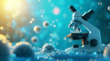 Wall Mural - a striking image of a microscope set in a surreal, dreamy blue environment with soft lighting and fl