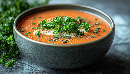 Poster - Fresh vegetable soup, healthy homemade meal on rustic table generated by AI