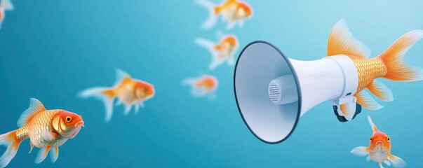 A white megaphone floating in the water, surrounded by orange goldfish swimming around it. online or marketing campaign in new customers for a customer electronics sales. advertising concept.