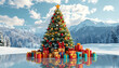 © IAKCreatives - A beautiful huge Christmas tree with different bright lights, surrounded by presents and gifts.