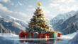 © IAKCreatives - A beautiful huge Christmas tree with different bright lights, surrounded by presents and gifts.