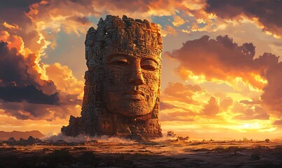 Poster - Ancient Stone Face Towering Over a Desert Landscape at Sunset