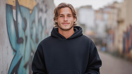 A relaxed young man in a black hoodie stands confidently in an urban alley adorned with vibrant graffiti, capturing a blend of modern style and street culture