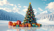 © IAKCreatives - A beautiful huge Christmas tree with different bright lights, surrounded by presents and gifts.