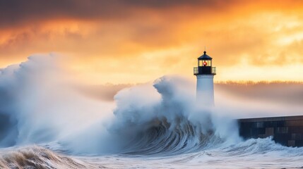 Wall Mural - A lighthouse is surrounded by a large wave in the ocean, AI