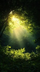 Wall Mural - A serene forest scene with sunlight streaming through lush green foliage, creating a peaceful and enchanting atmosphere.