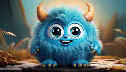 A round, blue furry monster with big googly eyes, soft fluffy fur, and tiny horns 