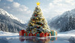 © IAKCreatives - A huge Christmas tree with different bright lights, surrounded by presents and gifts.