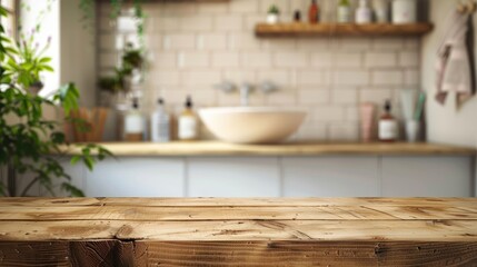 Canvas Print - Wooden table top with blurred bathroom sink in background.