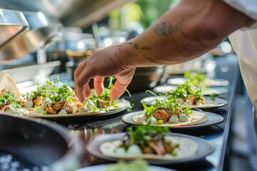 A chef's hand carefully places a finishing touch on a plate of gourmet tacos, showcasing the artistry and care behind preparing fine dining cuisine.