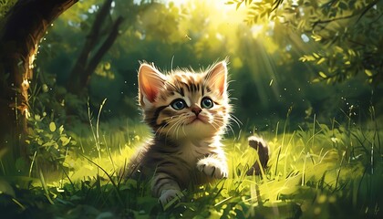 Wall Mural - A cute cat is playing on the green grass, surrounded by trees and nature, and the sun shines warm light through the leaves.