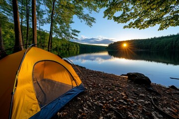 forest hike, bird songs, sun filtering through leaves guides you to a remote lake, where you can set