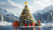 © IAKCreatives - A huge Christmas tree with different bright lights, surrounded by presents and gifts.