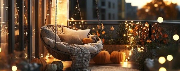 Inviting fall atmosphere with a cozy hanging swing chair on a balcony adorned with fairy lights and pumpkins