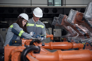 Engineer standing by robotic arm and operating machine in industry factory, technician worker check for repair maintenance electronic operation