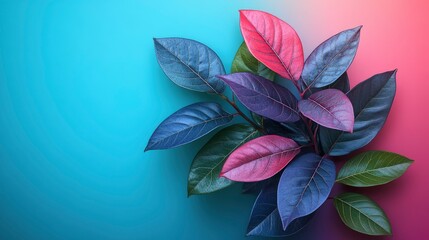 Sticker - Vibrant Green, Blue and Pink Leaves on a Gradient Background