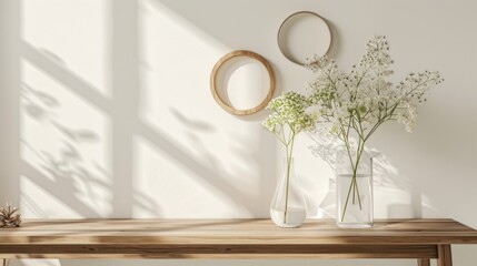 Sticker - Modern Scandinavian room interior with wooden console, wall rings, glassy vase with flowers. Design composition of home decor, white walls.