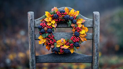 Poster - Autumn Harvest Wreath with Colorful Leaves and Berries on Rustic Wooden Chair.Home decor for fall holidays Halloween or Thanksgiving