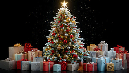 A huge Christmas tree with different bright lights, surrounded by presents and gifts.