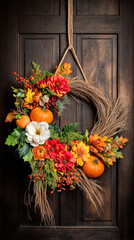 Wall Mural - Autumn wreath with orange and yellow flowers and pumpkins hanging from a door